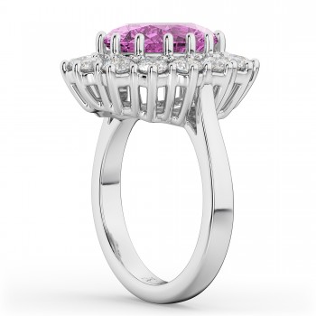 Oval Pink Sapphire & Diamond Halo Lady Di Ring Platinum (6.40ct)