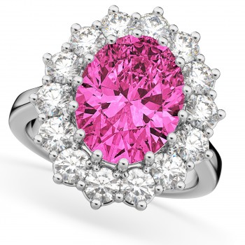 Oval Pink Tourmaline & Diamond Halo Lady Di Ring 14k White Gold (6.40ct)