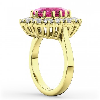 Oval Pink Tourmaline & Diamond Halo Lady Di Ring 14k Yellow Gold (6.40ct)