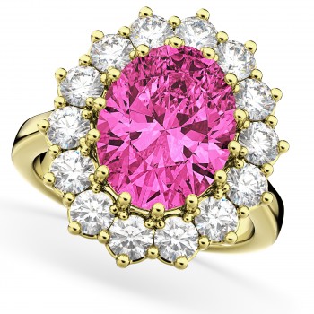 Oval Pink Tourmaline & Diamond Halo Lady Di Ring 18k Yellow Gold (6.40ct)