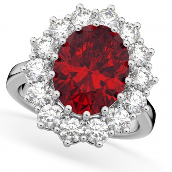 Oval Ruby & Diamond Halo Lady Di Ring 14k White Gold (6.40ct)