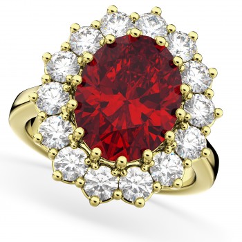 Oval Ruby & Diamond Halo Lady Di Ring 14k Yellow Gold (6.40ct)