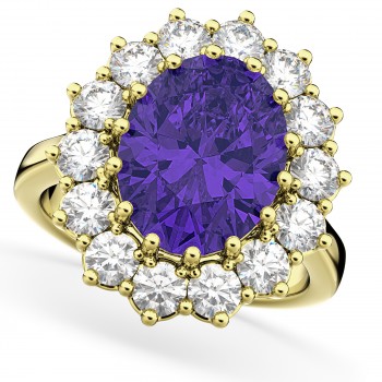 Oval Tanzanite & Diamond Halo Lady Di Ring 18k Yellow Gold (6.40ct)