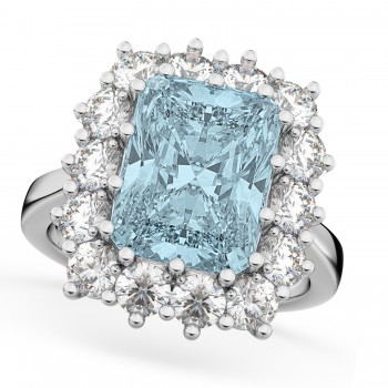 Emerald Cut Lab Aquamarine & Diamond Lady Di Ring 14k White Gold (5.68ct)