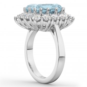 Emerald Cut Aquamarine & Diamond Lady Di Ring 14k White Gold (5.68ct)