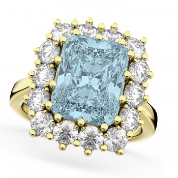 Emerald Cut Aquamarine & Diamond Lady Di Ring 14k Yellow Gold (5.68ct)