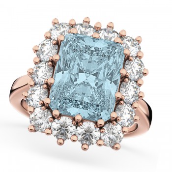 Emerald Cut Lab Aquamarine & Diamond Lady Di Ring 18k Rose Gold (5.68ct)