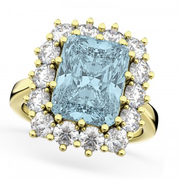 Emerald Cut Lab Aquamarine & Diamond Lady Di Ring 18k Yellow Gold (5.68ct)