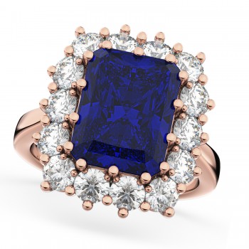 Emerald Cut Lab Blue Sapphire & Diamond Lady Di Ring 14k Rose Gold 5.68ct