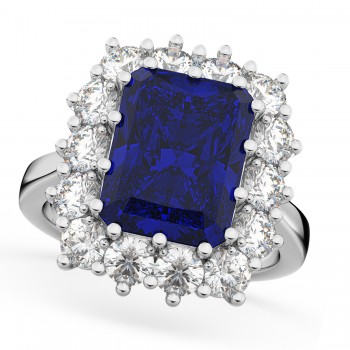 Emerald Cut Blue Sapphire & Diamond Lady Di Ring 14k White Gold 5.68ct