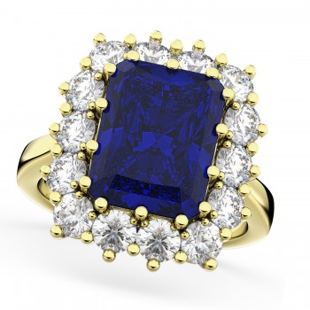 Emerald Cut Lab Blue Sapphire & Diamond Lady Di Ring 14k Yellow Gold 5.68ct