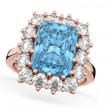 Emerald Cut Blue Topaz & Diamond Lady Di Ring 14k Rose Gold (5.68ct)