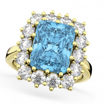 Emerald Cut Blue Topaz & Diamond Lady Di Ring 18k Yellow Gold (5.68ct)