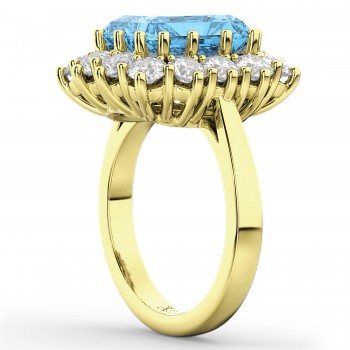 Emerald Cut Blue Topaz & Diamond Lady Di Ring 18k Yellow Gold (5.68ct)