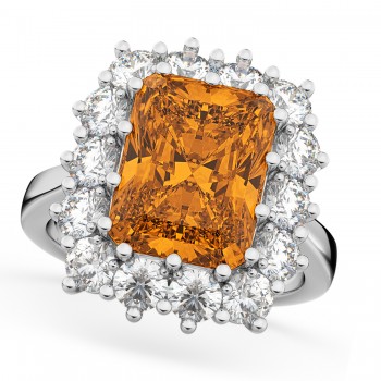 Emerald Cut Citrine & Diamond Lady Di Ring 14k White Gold (5.68ct)