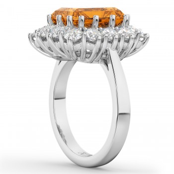 Emerald Cut Citrine & Diamond Lady Di Ring 14k White Gold (5.68ct)