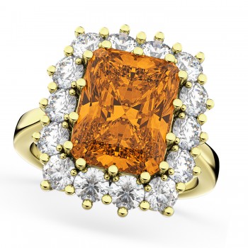 Emerald Cut Citrine & Diamond Lady Di Ring 14k Yellow Gold 5.68ct