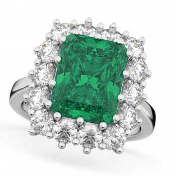 Emerald Cut Lab Emerald & Diamond Lady Di Ring 14k White Gold (5.68ct)