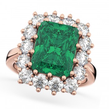 Emerald Cut Lab Emerald & Diamond Lady Di Ring 18k Rose Gold (5.68ct)