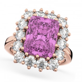 Emerald Cut Lab Pink Sapphire & Diamond Lady Di Ring 14k Rose Gold (5.68ct)