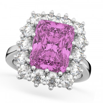 Emerald Cut Lab Pink Sapphire & Diamond Lady Di Ring 14k White Gold (5.68ct)