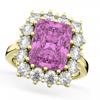 Emerald Cut Lab Pink Sapphire & Diamond Lady Di Ring 18k Yellow Gold (5.68ct)