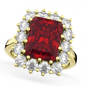 Emerald Cut Lab Ruby & Diamond Lady Di Ring 18k Yellow Gold (5.68ct)