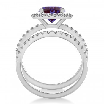 Lab Alexandrite & Diamond Round-Cut Halo Bridal Set 14K White Gold (2.57ct)