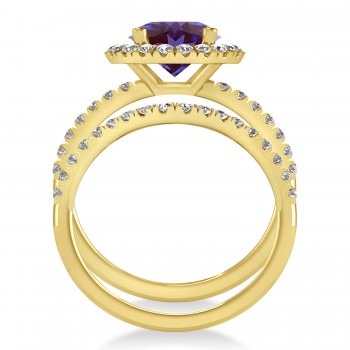 Lab Alexandrite & Diamond Round-Cut Halo Bridal Set 14K Yellow Gold (2.57ct)