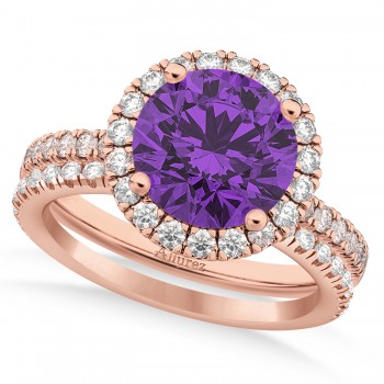 Amethyst & Diamond Round-Cut Halo Bridal Set 14K Rose Gold (2.57ct)