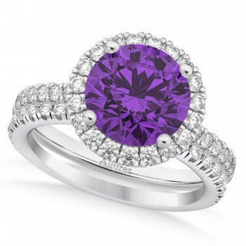 Amethyst & Diamond Round-Cut Halo Bridal Set 14K White Gold (2.57ct)