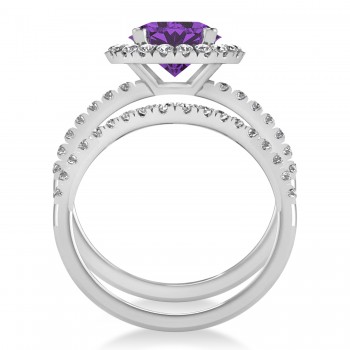 Amethyst & Diamond Round-Cut Halo Bridal Set 14K White Gold (2.57ct)