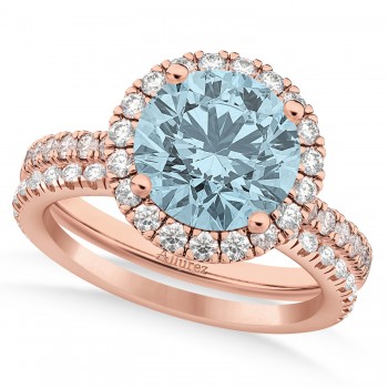 Aquamarine & Diamond Round-Cut Halo Bridal Set 14K Rose Gold (2.97ct)