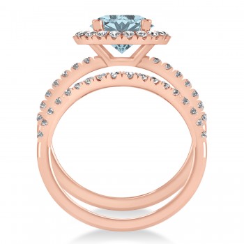 Aquamarine & Diamond Round-Cut Halo Bridal Set 14K Rose Gold (2.97ct)