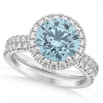 Aquamarine & Diamond Round-Cut Halo Bridal Set 14K White Gold (2.97ct)