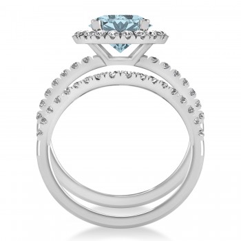 Aquamarine & Diamond Round-Cut Halo Bridal Set Platinum (2.97ct)
