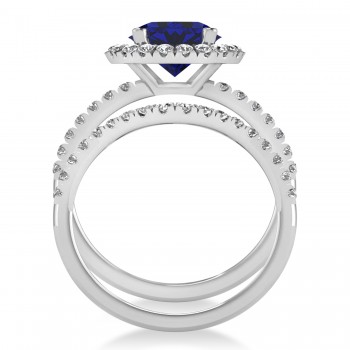 Blue Sapphire & Diamond Round-Cut Halo Bridal Set 14K White Gold (3.07ct)