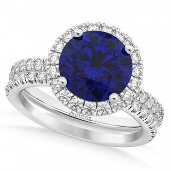 Blue Sapphire & Diamond Round-Cut Halo Bridal Set 18K White Gold (3.07ct)