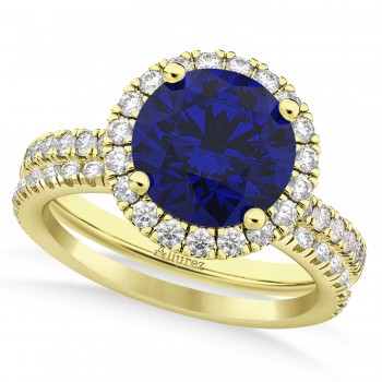 Blue Sapphire & Diamond Round-Cut Halo Bridal Set 18K Yellow Gold (3.07ct)