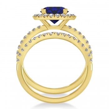 Blue Sapphire & Diamond Round-Cut Halo Bridal Set 18K Yellow Gold (3.07ct)