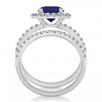 Blue Sapphire & Diamond Round-Cut Halo Bridal Set Palladium (3.07ct)