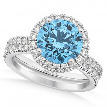 Blue Topaz & Diamond Round-Cut Halo Bridal Set 14K White Gold (3.27ct)