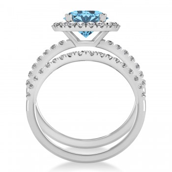 Blue Topaz & Diamond Round-Cut Halo Bridal Set 14K White Gold (3.27ct)