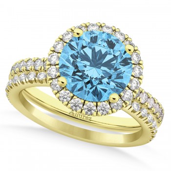 Blue Topaz & Diamond Round-Cut Halo Bridal Set 14K Yellow Gold (3.27ct)