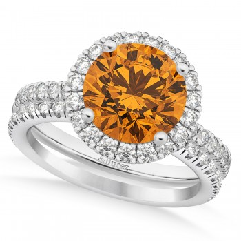 Citrine & Diamond Round-Cut Halo Bridal Set 14K White Gold (2.57ct)