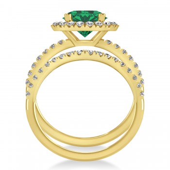 Emerald & Diamond Round-Cut Halo Bridal Set 18K Yellow Gold (3.07ct)