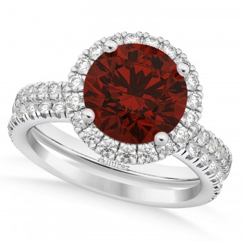 Garnet & Diamond Round-Cut Halo Bridal Set 14K White Gold (3.27ct)