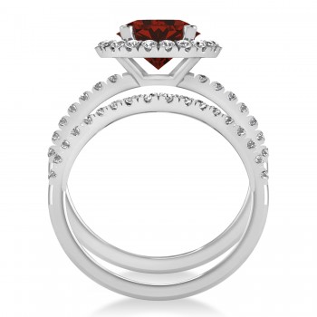 Garnet & Diamond Round-Cut Halo Bridal Set Platinum (3.27ct)