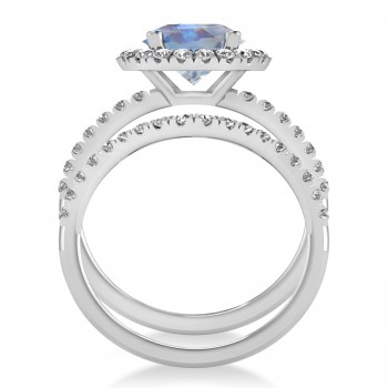 Moonstone & Diamond Round-Cut Halo Bridal Set 14K White Gold (3.17ct)