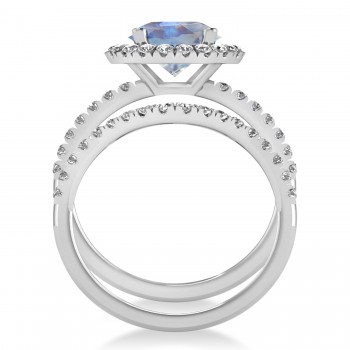 Moonstone & Diamond Round-Cut Halo Bridal Set 18K White Gold (3.17ct)